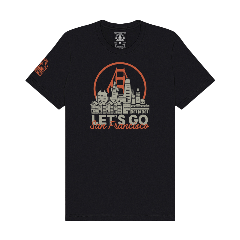 The Let's Go San Francisco Tee features a hand-printed San Francisco skyline with the Golden Gate Bridge and "LETS GO San Francisco" text—an ideal gift for anyone who loves the city.