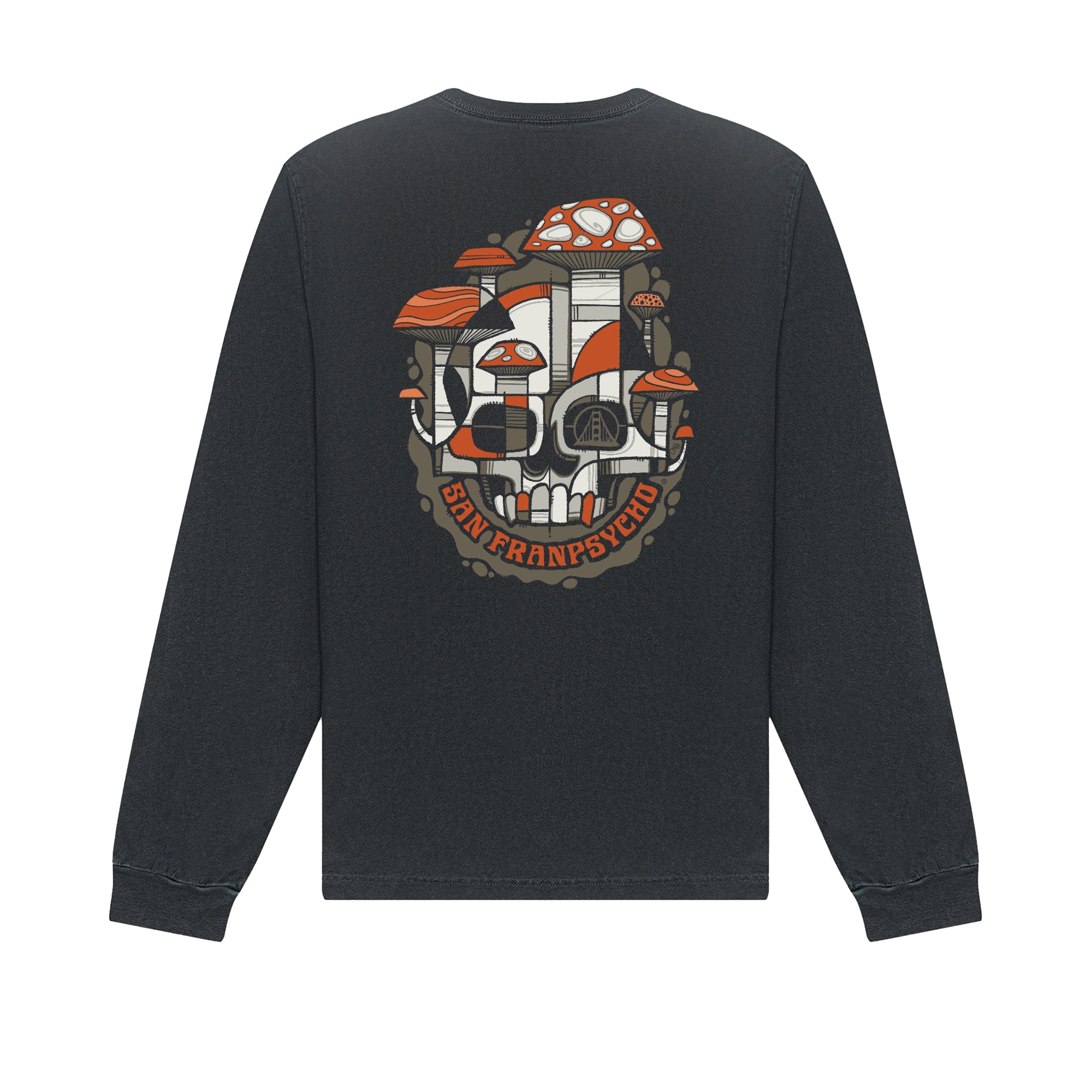 The Mind Bloom Long Sleeve is a black tee featuring a vibrant skull and mushroom graphic inspired by Erik Abel, with "San Francisco" text on the back.