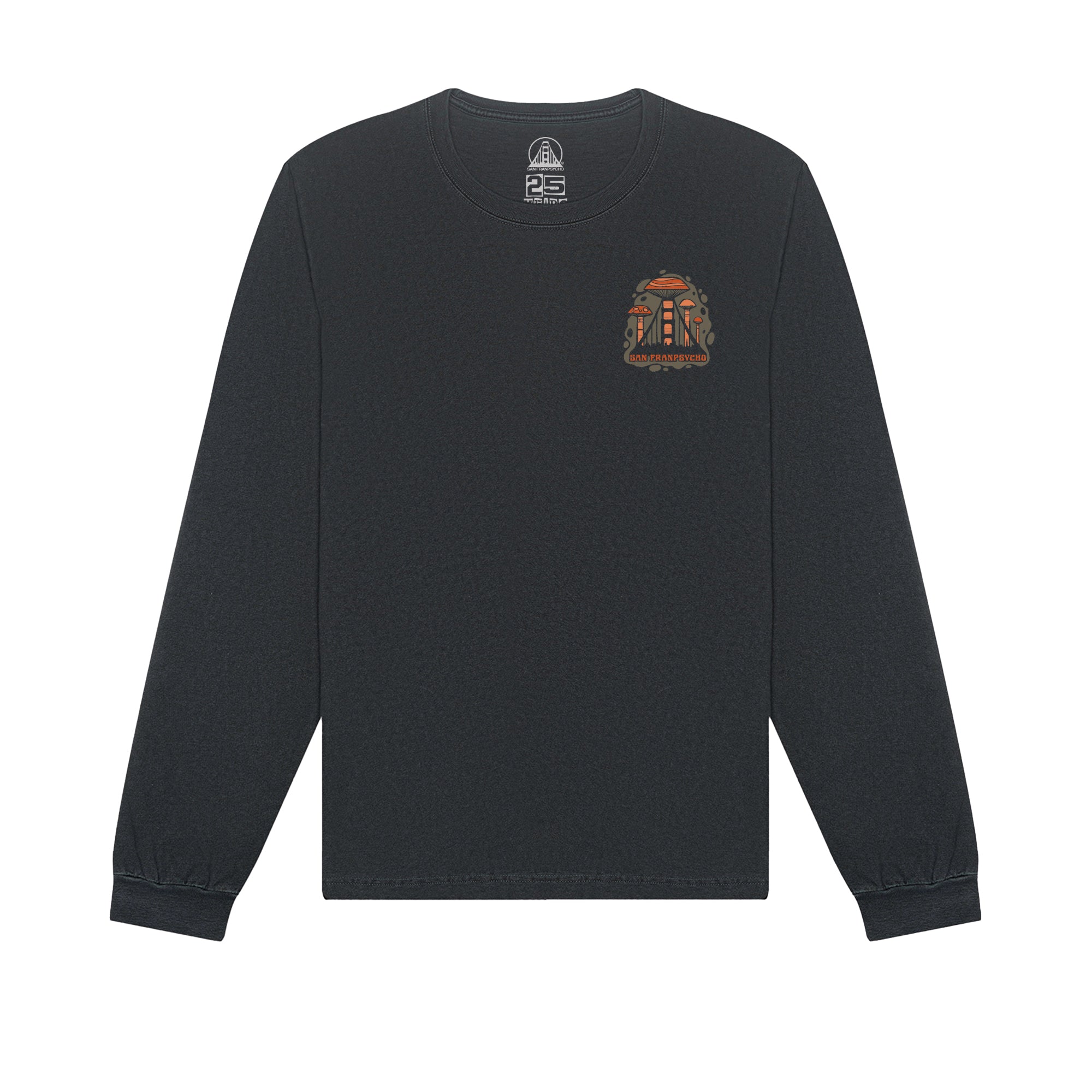 The Mind Bloom Long Sleeve is a black long-sleeve tee with a small, colorful crest graphic on the left chest, inspired by Erik Abel's artwork.