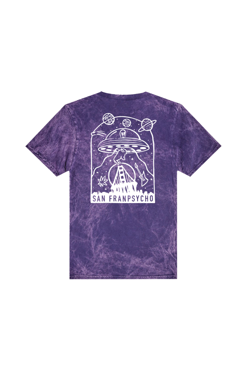 The Psycho Invader Mineral Wash Tee is a purple unisex shirt with a white space-themed graphic and “San Franpsycho” text on the back, adding a cosmic touch to your wardrobe.