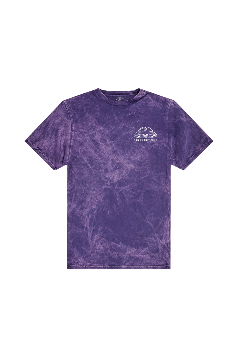 The Psycho Invader Mineral Wash Tee is a purple unisex shirt with a small white UFO and hand-printed San Francisco graphic on the left chest.