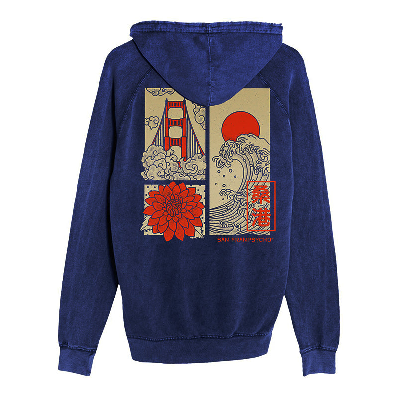 Sunset Dahlia Pullover Hoodie in blue, featuring hand-printed graphic art of the Golden Gate Bridge, waves, a flower, and the sun on the back. Inspired by Japanese art t-shirt designs, this unique San Francisco piece adds an artistic touch to your wardrobe.