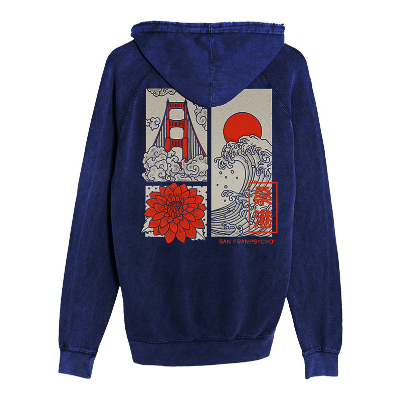 Sunset Dahlia Pullover Hoodie in navy, featuring a red and white San Francisco-inspired graphic—bridge, sun, waves, and flower on the back—that captures classic city shirt style with subtle Japanese art influences.