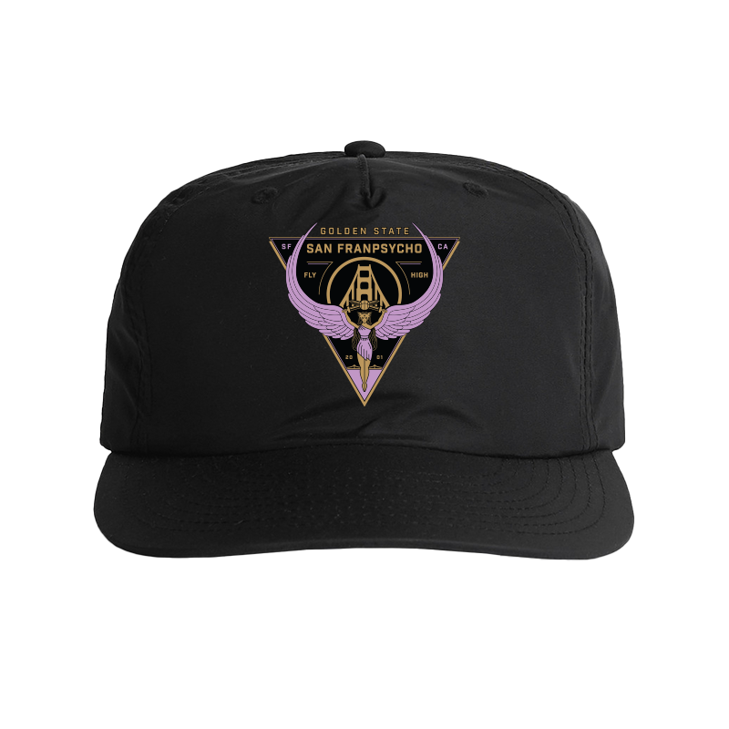 The Valhalla Hat is black with a purple and gold San Franpsycho emblem of wings and a triangle on the front. Features an adjustable back for the perfect fit—perfect for stylish Valkyries season wear.