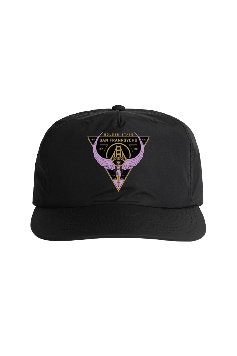 The Valhalla Hat is black with a purple and gold San Franpsycho emblem of wings and a triangle on the front. Features an adjustable back for the perfect fit—perfect for stylish Valkyries season wear.