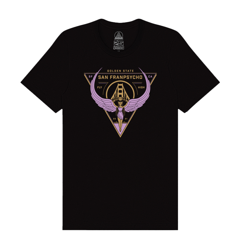 Black Valhalla Tee featuring a triangle, wings, and skull graphic with "San Franpsycho" and "Fly High." Made from soft Airlume cotton—ideal for fans of Valkyries or Valhalla-inspired style.