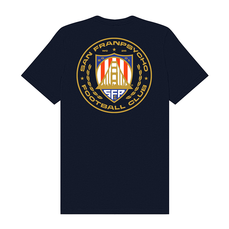 The WC x SFP Tee is a navy shirt with a large gold, white, and orange San Francisco Football Club crest on the back—ideal for showing your city pride during the World Cup or cheering for Team USA.