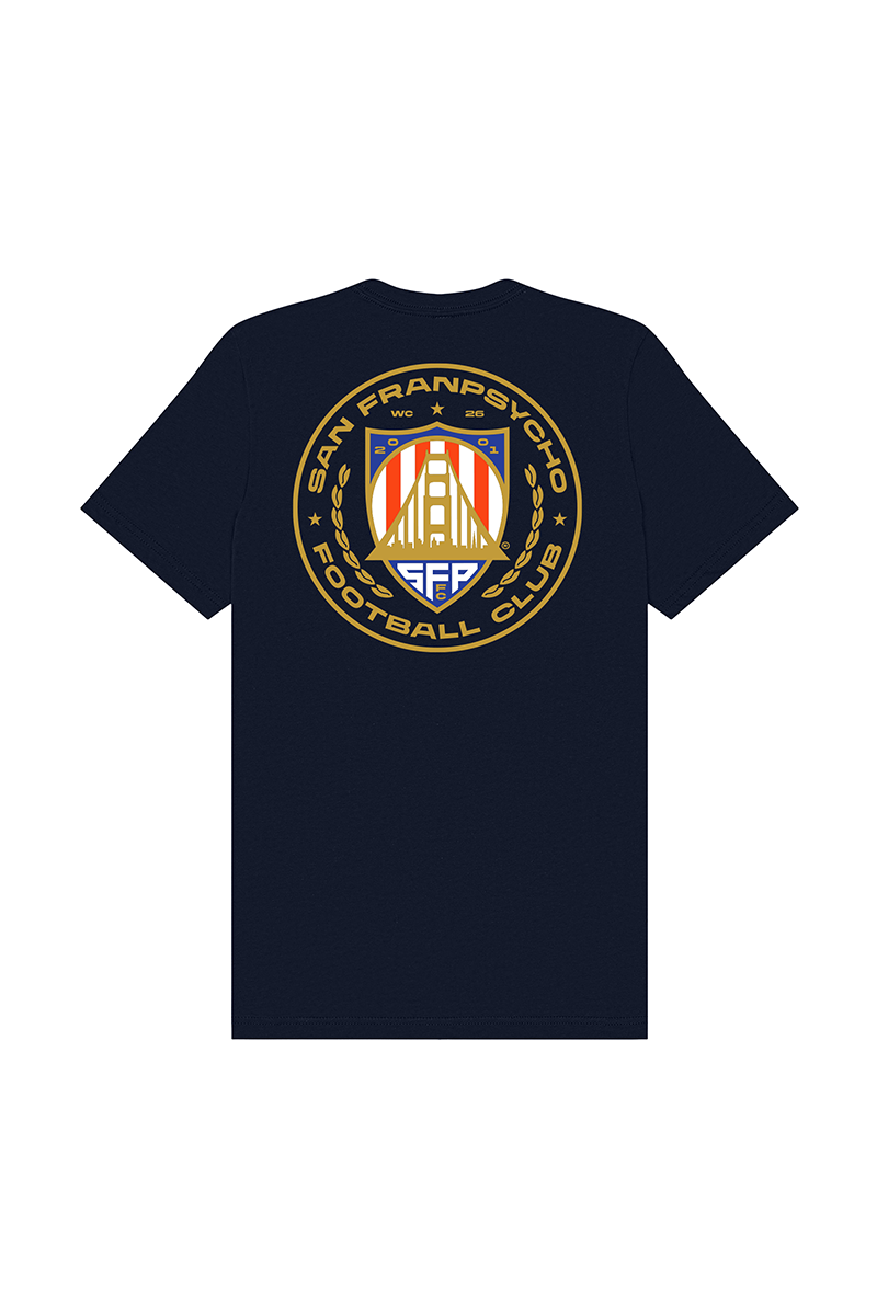 The WC x SFP Tee is a navy shirt with a large gold, white, and orange San Francisco Football Club crest on the back—ideal for showing your city pride during the World Cup or cheering for Team USA.