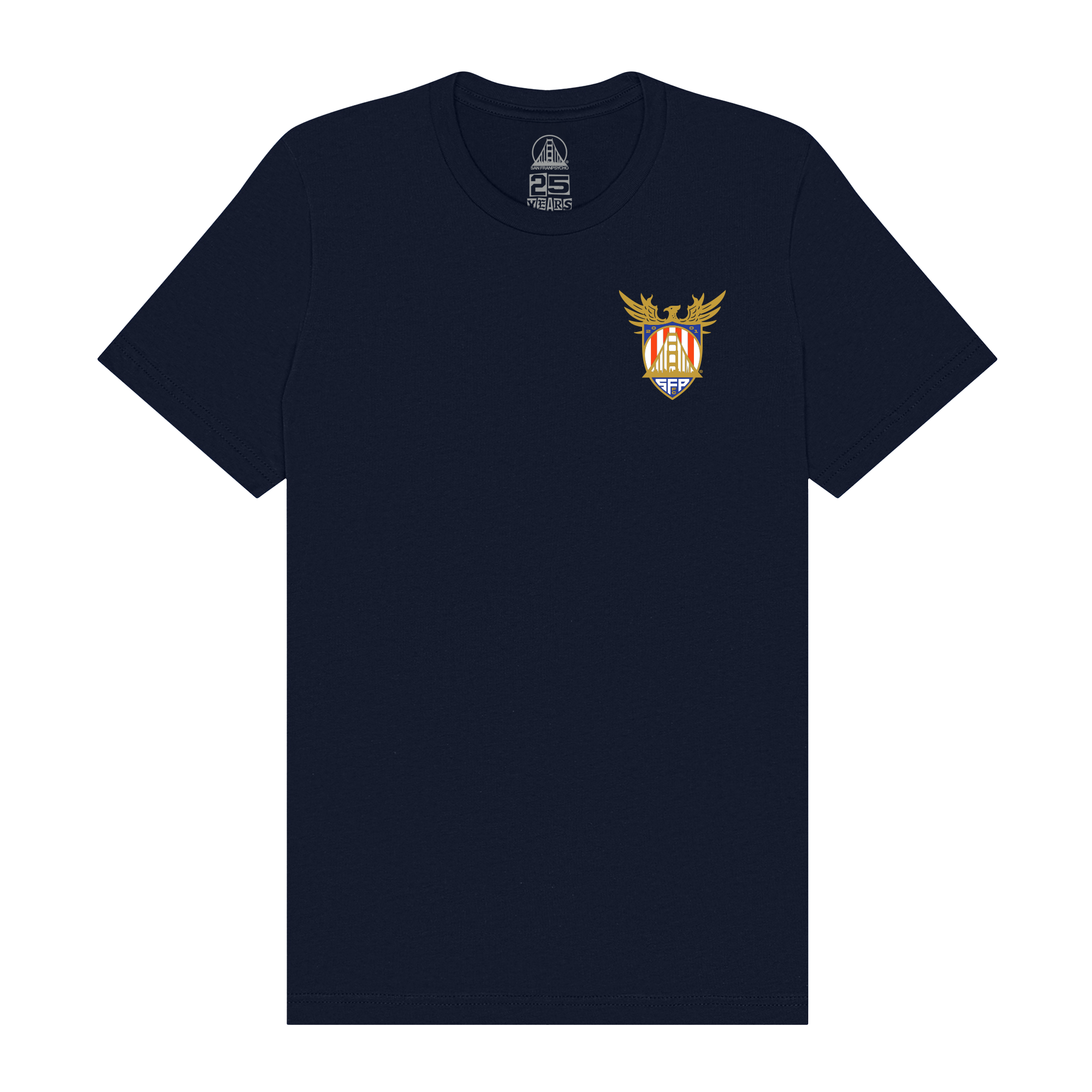 The WC x SFP Tee is a navy blue t-shirt featuring a small, colorful crest with an eagle emblem on the left chest, inspired by Team USA’s World Cup spirit.