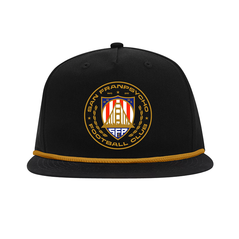 The WC x SFP Hat features a black cap with a gold rope and the San Francisco Football Club crest on the front—ideal for SFP fans and World Cup enthusiasts.