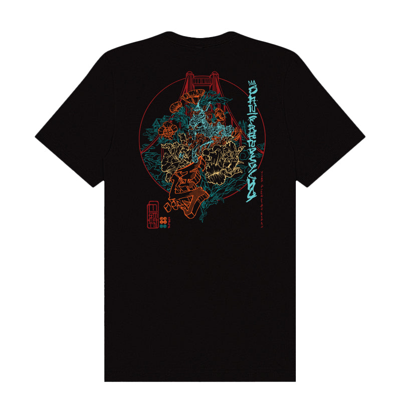 Celebrate in style with the Year of the Horse Tee—a black t-shirt featuring a vibrant Japanese-inspired back graphic with a bridge, waves, and Lunar New Year motifs.