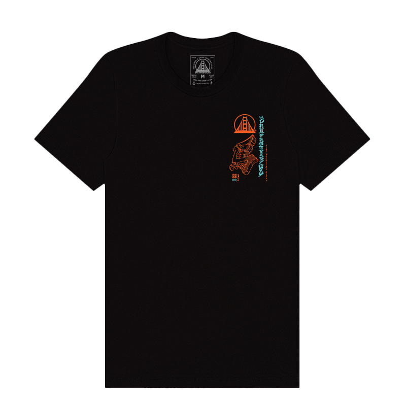 The Year of the Horse Tee is a black shirt featuring a small orange graphic and text on the left chest, inspired by Melanie Getman for Lunar New Year.