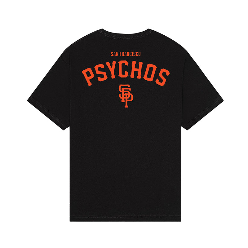The Black & Orange Psychos Tee is hand printed with SAN FRANCISCO PSYCHOS and an interlocked SF logo in bold orange on the back, showing off your black and orange pride.
