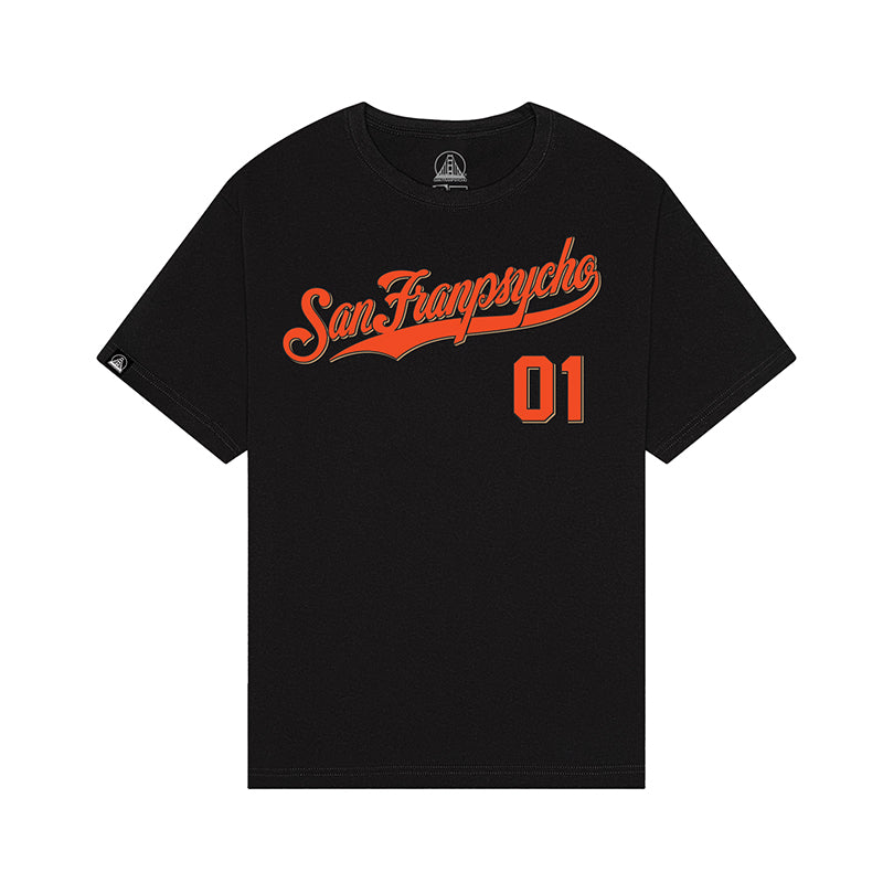 The Psychos Script Tee - Black features bold orange "San Franpsycho 01" text hand-printed across the chest.