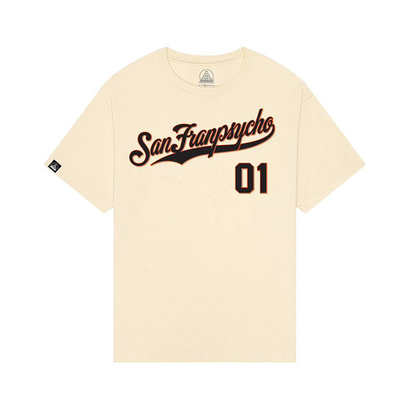 The Psychos Script Tee - Natural features "San Francypsycho" and "01" in brown script and block letters hand printed on the front.