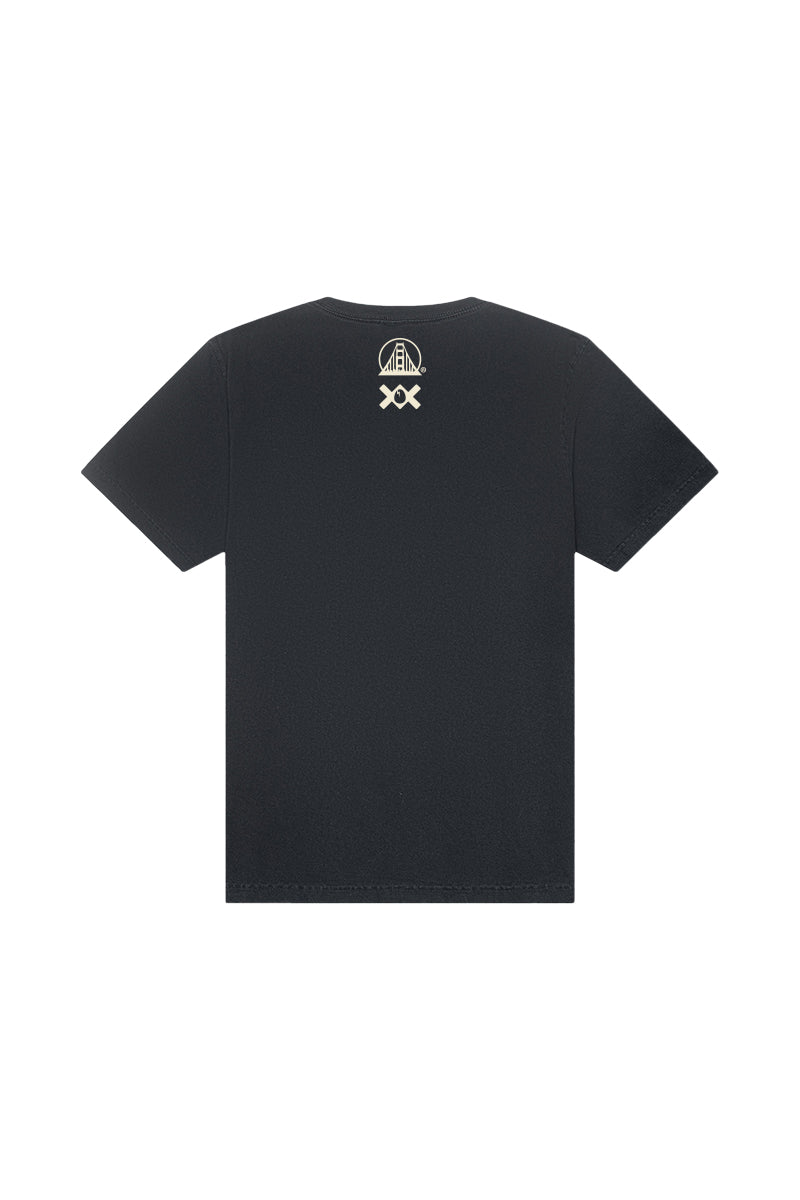 The Moon Bridge Tee features a small white graphic and logo on the upper back below the neckline—a stylish Dirtybird collab inspired by San Francisco.