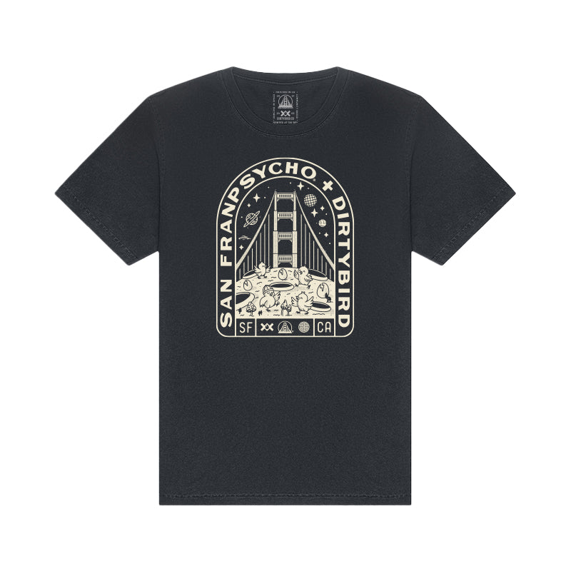 The Moon Bridge Tee is a black t-shirt with a Golden Gate Bridge graphic and the text “San Franpsycho x Dirtybird SF CA.” This unique Dirtybird collab celebrates San Francisco style.