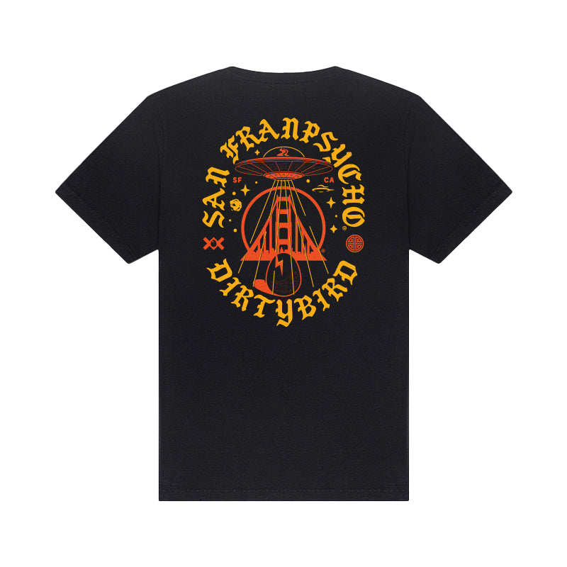The Dirty UFO Tee is a black shirt featuring an orange and yellow bridge graphic with “San Franpsycho Dirtybird”—a tribute to Bay Area culture and the iconic Dirtybird collaboration.