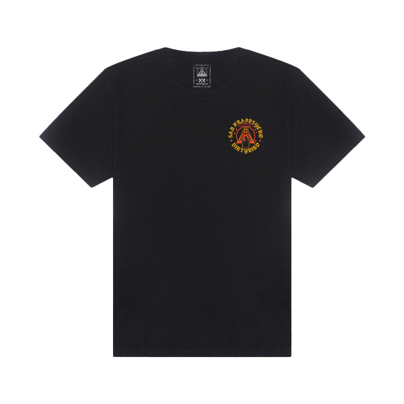 The Dirty UFO Tee is a black t-shirt featuring a small red and yellow circular graphic with text on the left chest, designed in a unique Dirtybird collaboration to celebrate Bay Area culture.