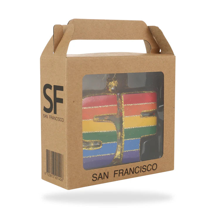 Introducing the Xmas Ornaments - Local Elves: a beautifully crafted, locally inspired ornament that features "SF" in vibrant rainbow colors.