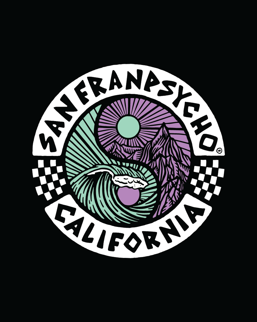 Circular graphic featuring San Franpsycho California with wave, mountains, sun, moon, and checkerboard borders inspired by the iconic style of the Yin Yang Poster.