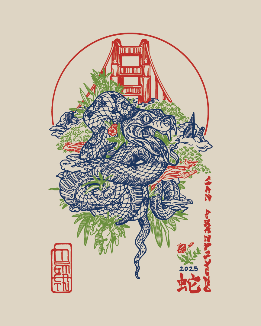 Celebrate Chinese New Year with the “Year of the Snake Poster” by Melanie Getman, featuring a blue snake with red strawberries coiled before the Golden Gate Bridge, surrounded by plants and striking red accents.