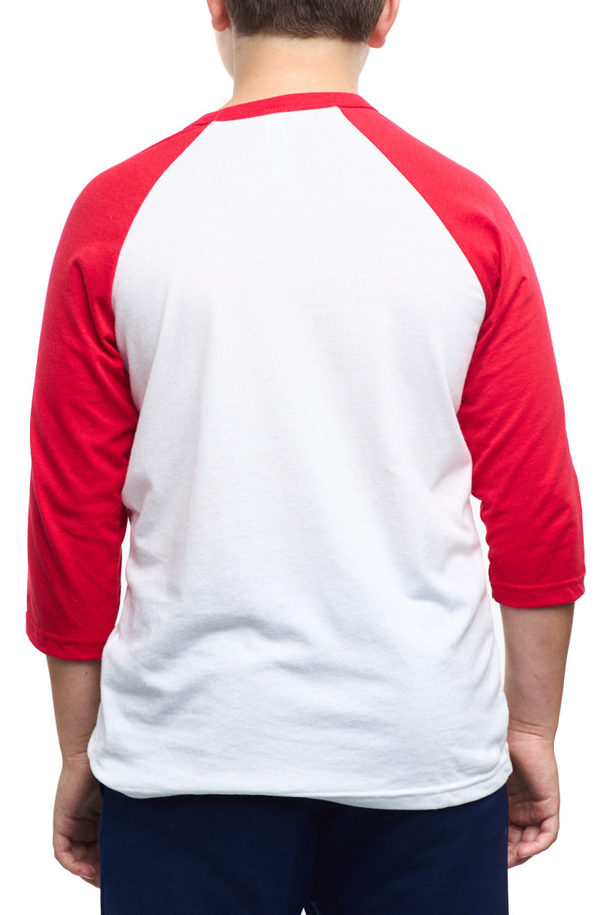 A person viewed from behind is wearing a Youth Ocean Club Baseball Tee, a classic white and red design crafted from 100% cotton for ultimate comfort and style.