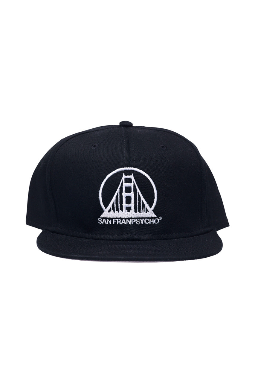 Discover the Embroidered Logo Snapback in Black & White, featuring a bridge and San Franpsycho text in white embroidery. With its flat brim and adjustable snapback, this stylish cap provides a comfortable fit for most sizes.