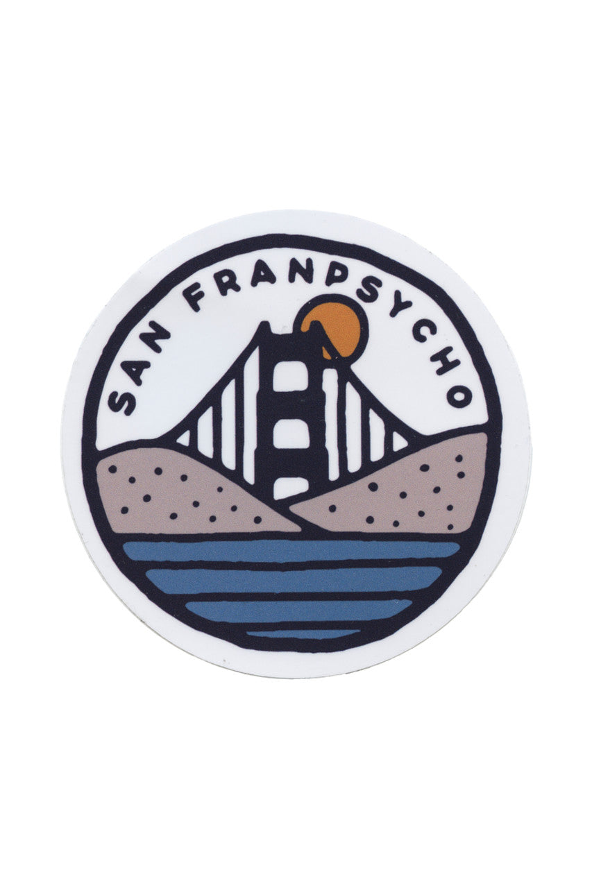 Featuring a circular logo with a stylized bridge, sunset, and waves labeled "San Franpsycho," the Golden Bay Sticker is part of the Free To Wander collection. This vibrant design encapsulates the spirit of Golden Bay and is perfect for those looking to add coastal vibes wherever they go.
