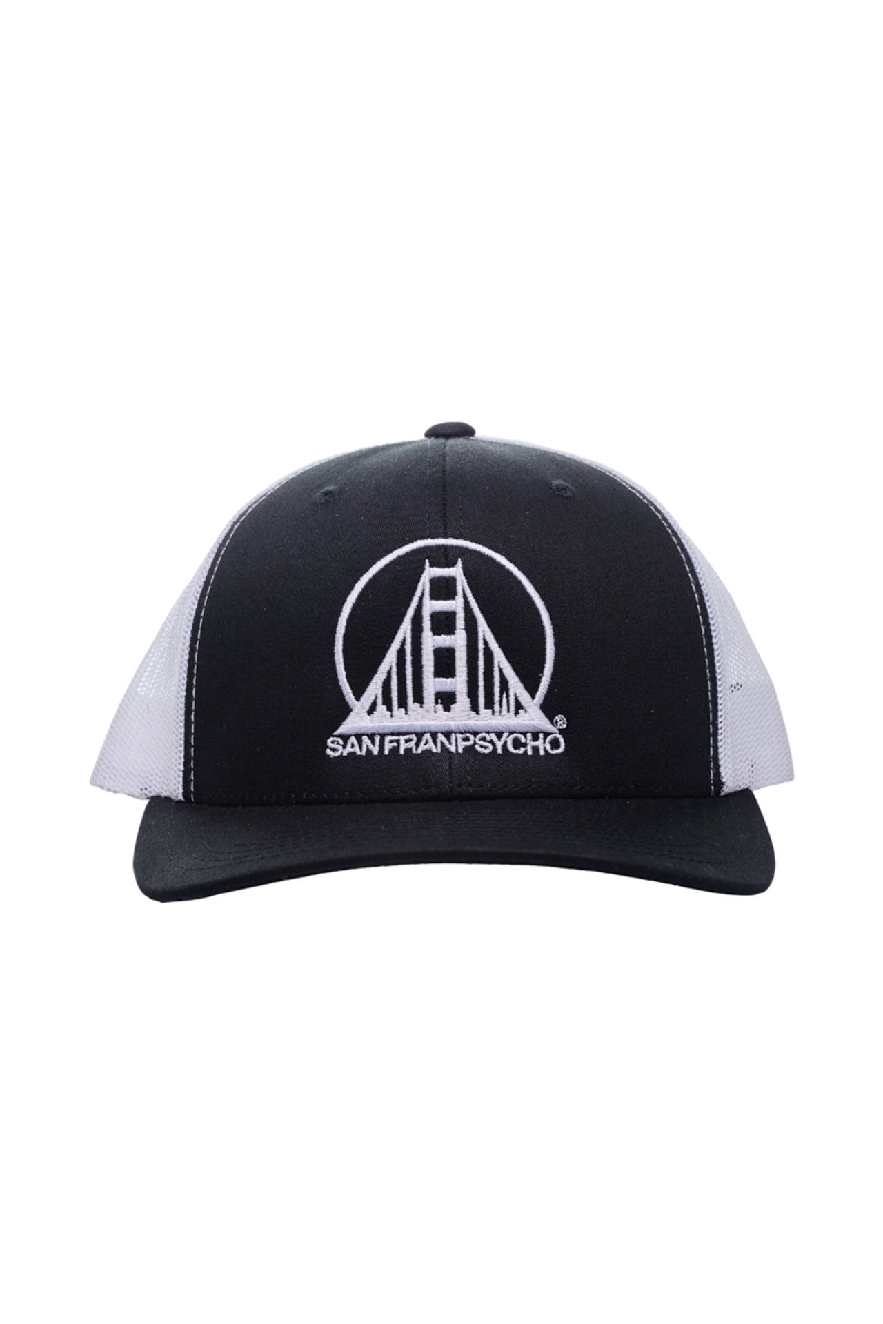 Black and white trucker hat featuring an embroidered San Franpsycho logo and bridge design on the front.
