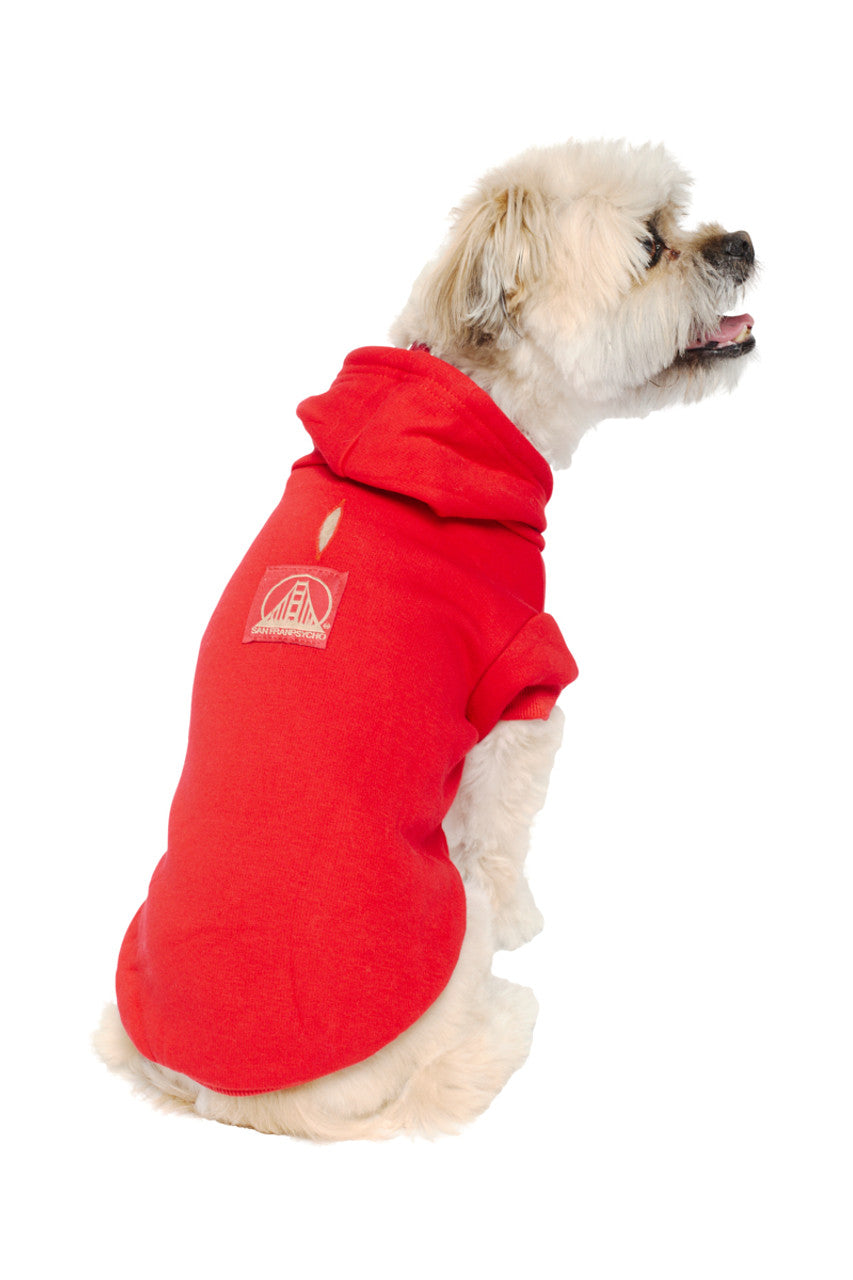A small, stylish dog sits cozily in a warm Red Dog Hoodie with a red and gold logo patch, gazing thoughtfully to the side.