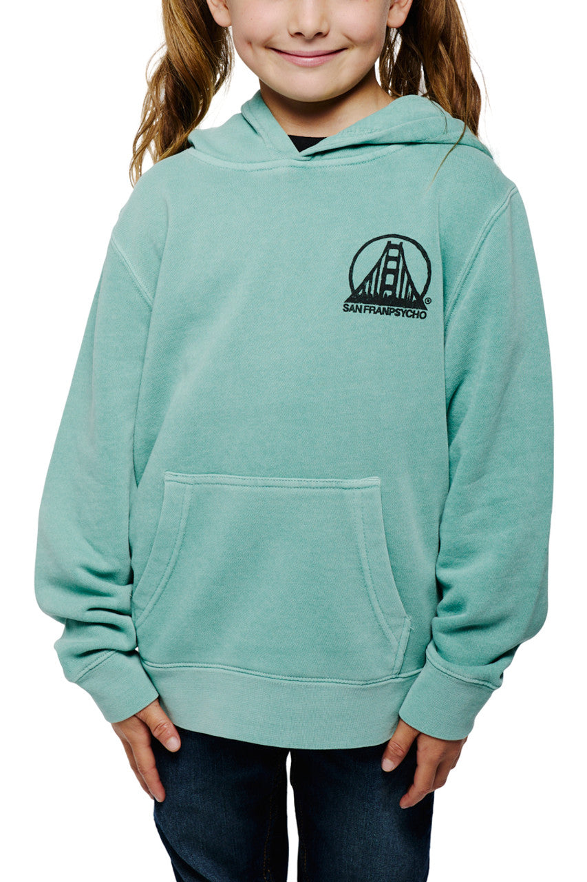 A child beams while wearing the Youth Mint Scribble Logo Pullover Hoodie in teal, complete with a cozy front pocket.