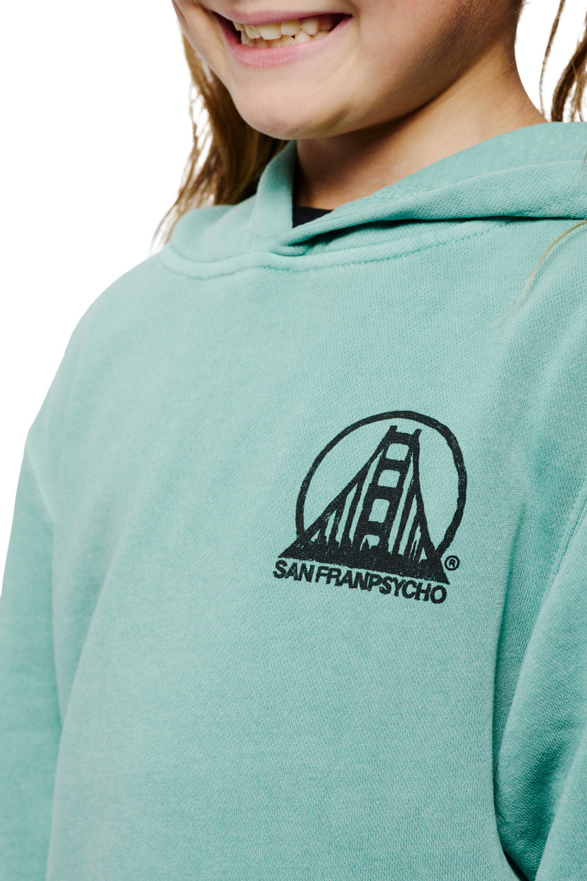A child wearing a Youth Mint Scribble Logo Pullover Hoodie featuring SAN FRANPSYCHO and a bridge logo on the chest.