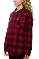 A person wearing a Red & Black Checkered SFP Flannel shirt, standing sideways.