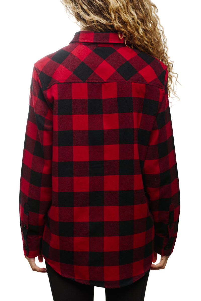Back view of a person wearing the Red & Black Checkered SFP Flannel, made from a super soft cotton-polyester blend, featuring long sleeves.