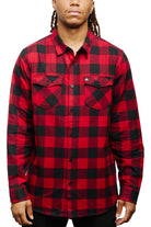Person wearing a Red & Black Checkered SFP Flannel with buttoned pockets, standing against a white background.