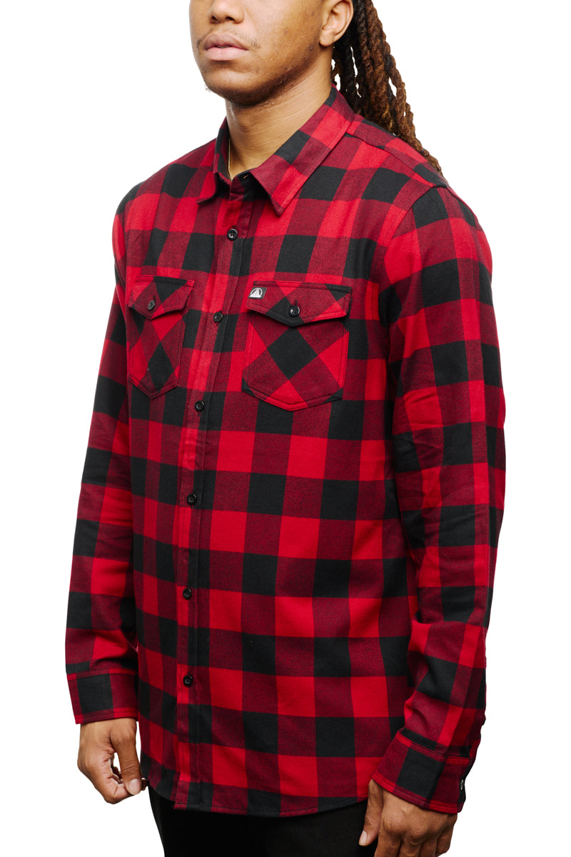 A person wearing the Red & Black Checkered SFP Flannel shirt with long sleeves, standing against a white background.