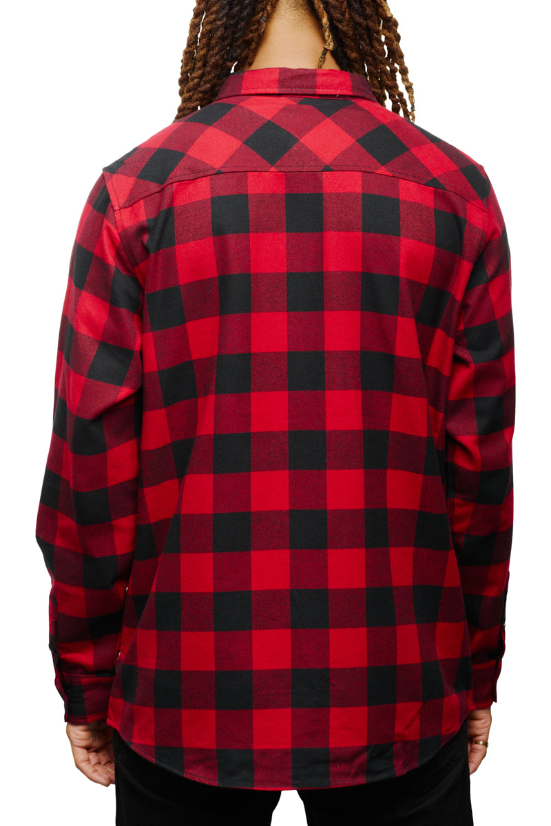 The person is wearing the Red & Black Checkered SFP Flannel, a super soft design that captures attention even from the back.
