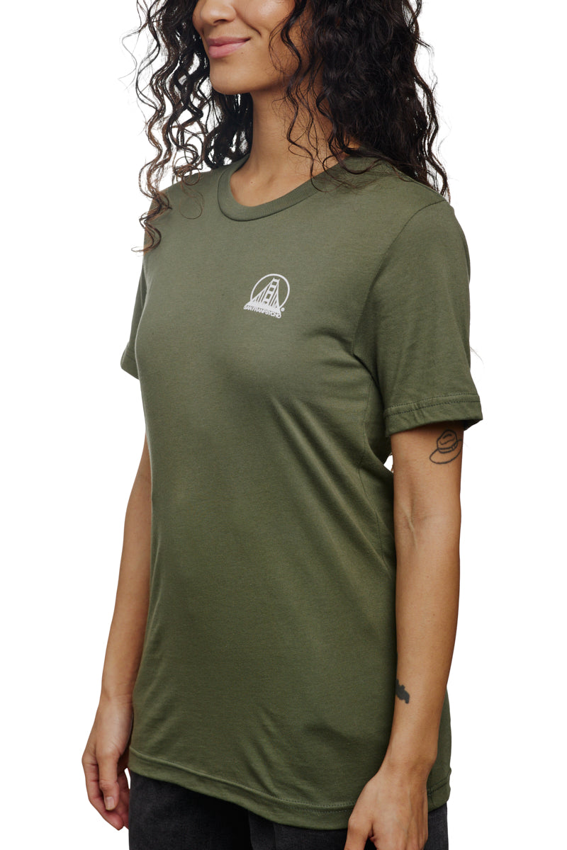 A person dressed in the Military Green Mini Logo Tee from the basics line, standing against a white background.