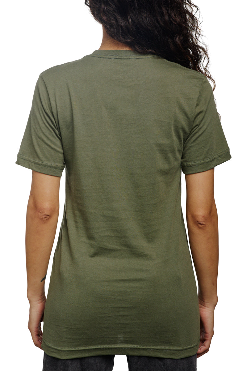 A person wearing a Military Green Mini Logo Tee, viewed from the back.