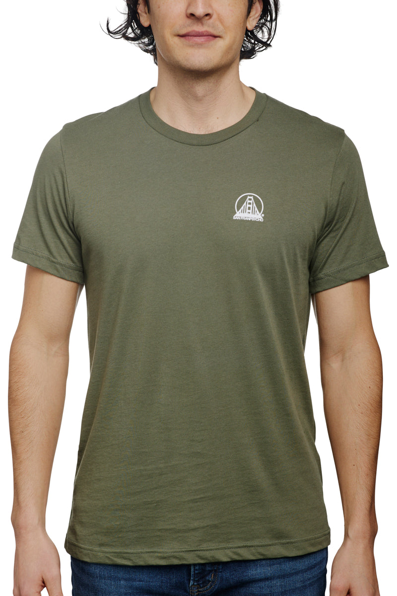 A man dressed in the Military Green Mini Logo Tee poses against a white background.