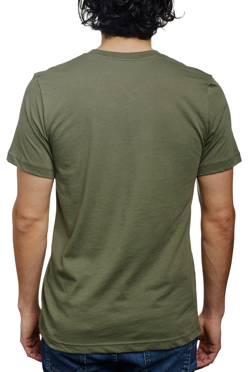 Person wearing a Military Green Mini Logo Tee and blue jeans, viewed from the back.
