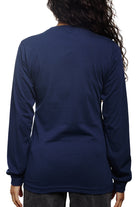 The sentence can be rewritten as: A person with long curly hair is shown from the back, wearing a Navy Long Sleeve Mini Logo tee made of soft airlume cotton.