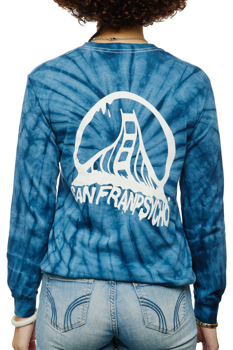A person wearing the Tie-Dye Acid Logo Long Sleeve in navy, featuring an acid logo bridge graphic and San Franpsycho text on the back.