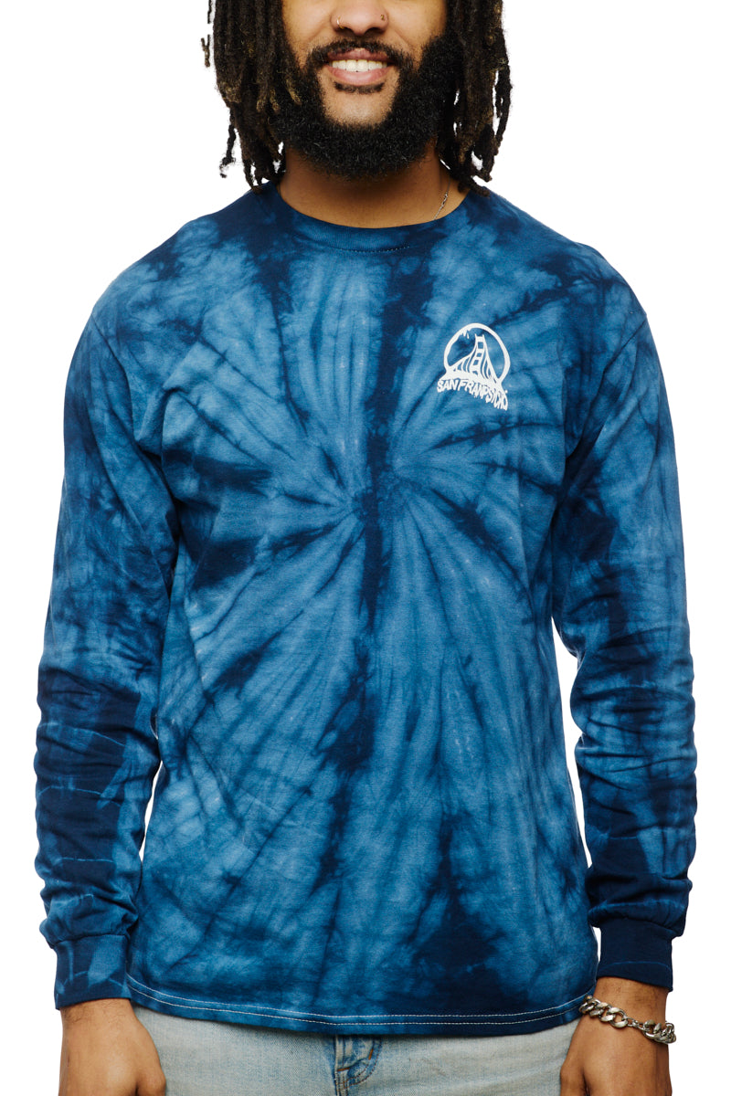 Man wearing the Tie-Dye Acid Logo Long Sleeve in navy, featuring a small chest logo.