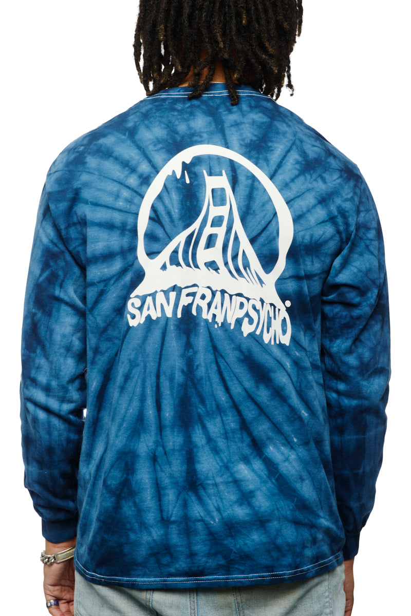 Someone is wearing the Tie-Dye Acid Logo Long Sleeve in navy, featuring the San Franpsycho design and a stylized bridge graphic on the back.