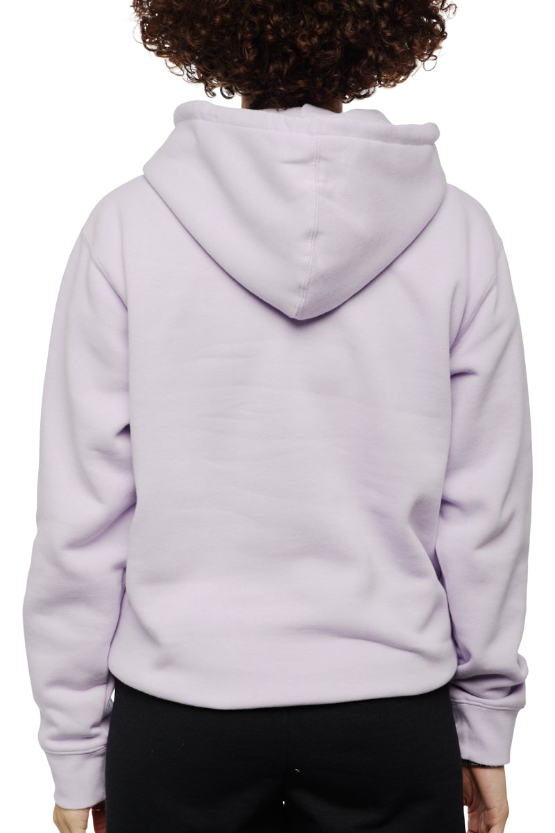 A person is spotted from behind, dressed in a light purple Trippy Psycho Pullover Hoodie paired with black pants. As a highlight of the Spring 2023 Collection, this unisex hoodie is perfect for those seeking a distinctive style.