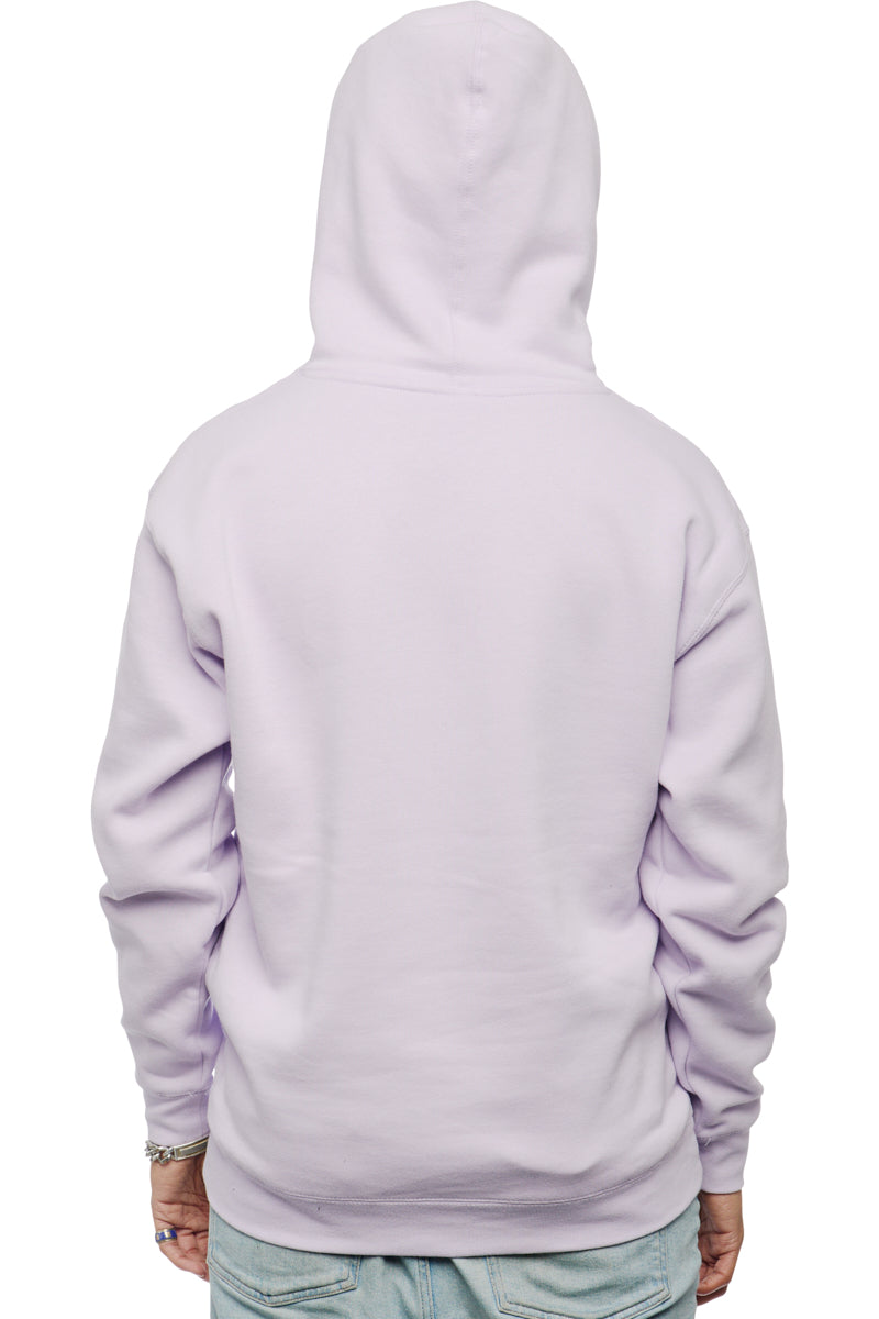 A person is depicted from behind, wearing a lavender Trippy Psycho Pullover Hoodie with the hood up, against a stark white background. This unisex pullover represents the daring style of our Spring 2023 Collection.