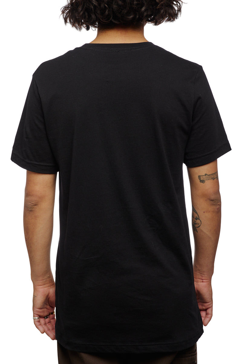 A person is wearing a California Poppy Tee in black, made from 100% cotton, with their back facing the viewer and their arms at their sides.