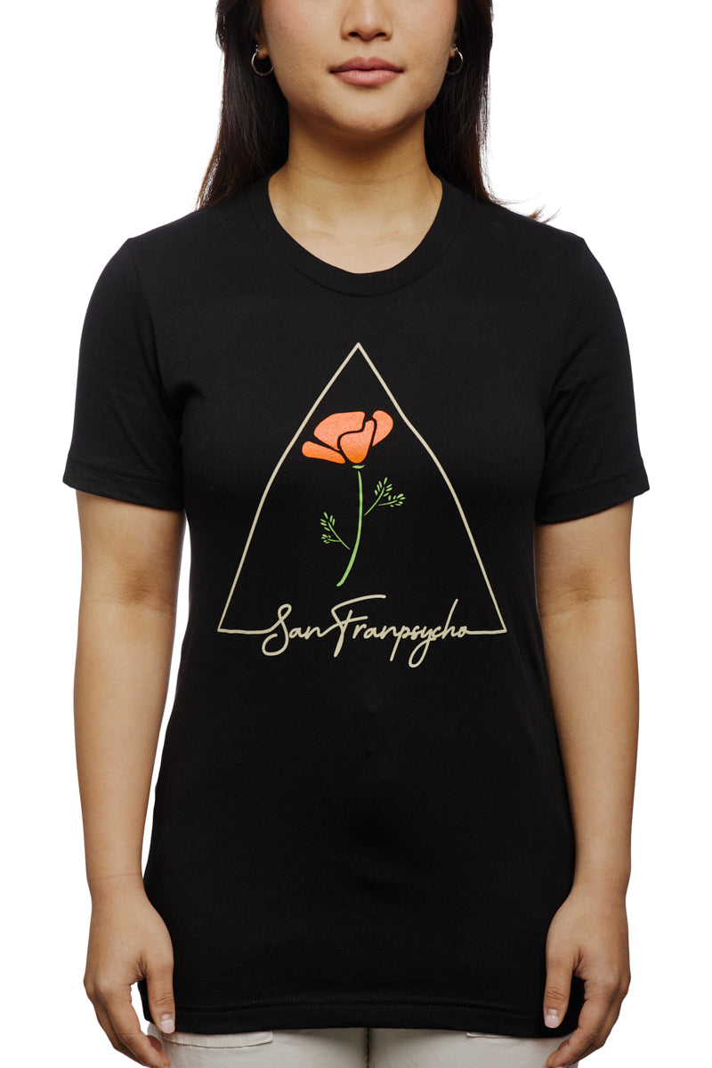 A person is wearing the California Poppy Tee, a stylish unisex T-shirt made of 100% cotton, featuring the iconic Black Poppy design with "San Francisco" printed on their black tee.